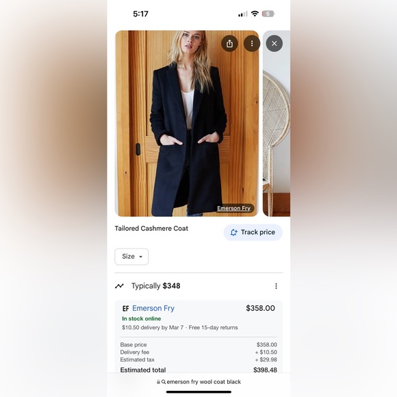 Emerson Fry tailored wool cashmere coat. Black. Size 2. - Picture 4 of 4